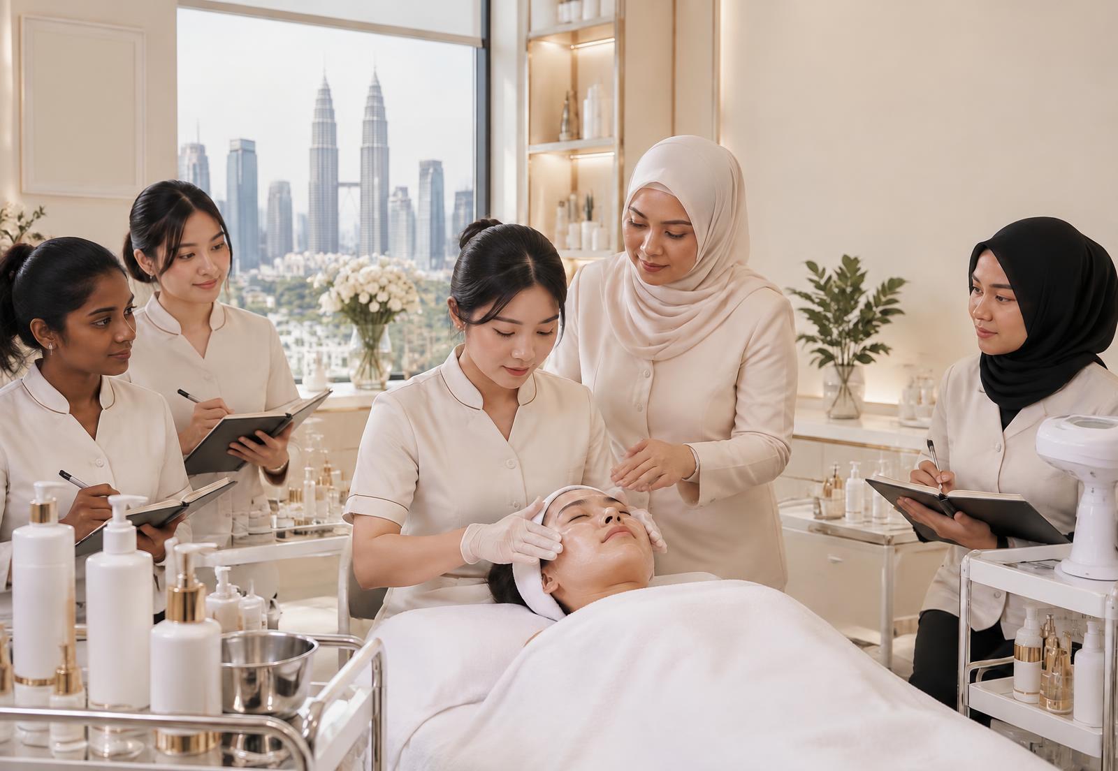 Malaysian students training in facial treatment with their trainer in Kuala Lumpur